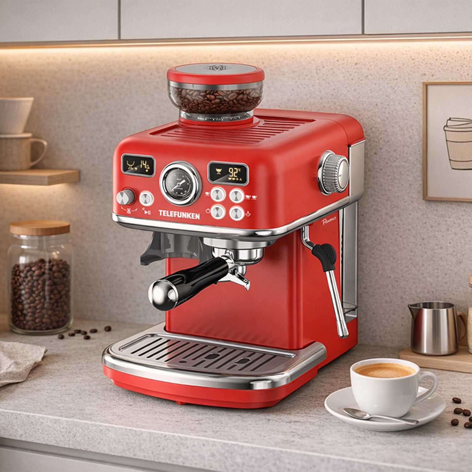 CAFETERA EXPRESS CON MOLINILLO TELEFUNKEN PARMA ROJA